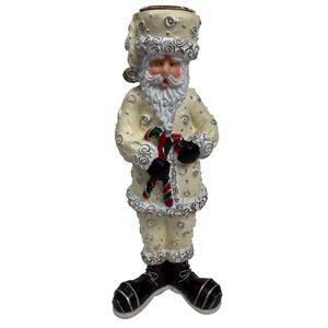 VTG Old World Santa Christmas Resin Taper Candle Holder Cream Silver 6.75" Retro